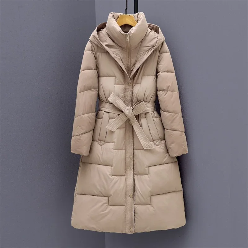 

Длинная хлопковая пуховая куртка длиной до колена для женской одежды зимы 2025, новая тонкая хлопковая куртка с капюшоном на талии