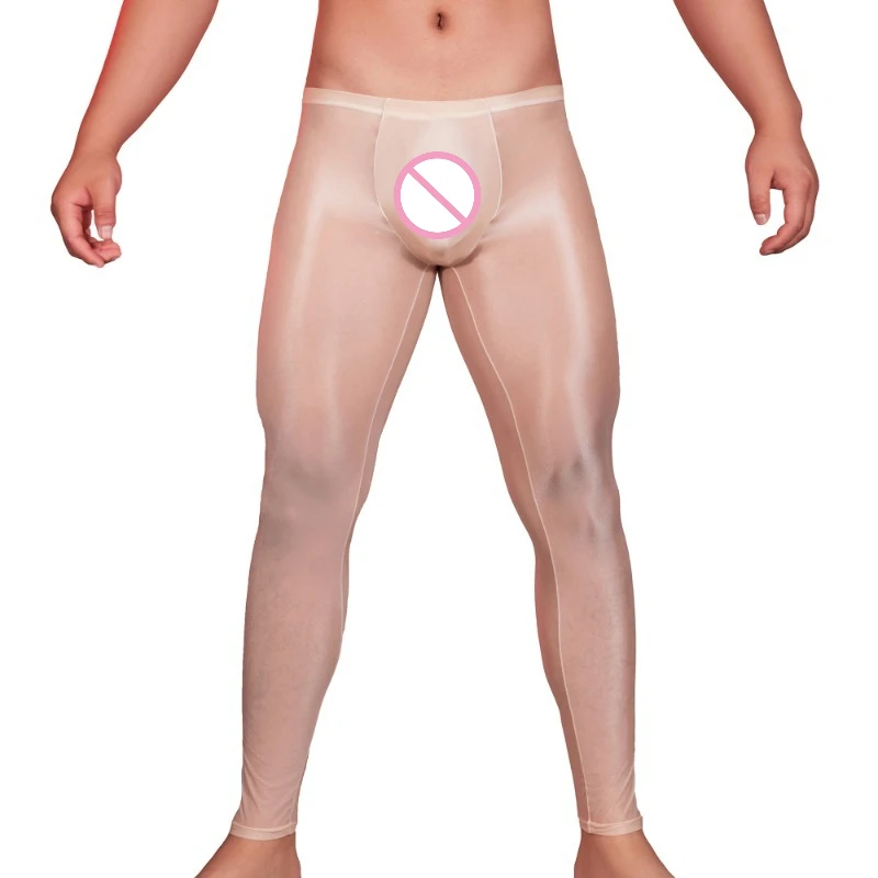 

Men's Solid Color Oil Smooth Sheer Stretchy Long Pants Bulge Pouch Leggings Sexy Sleep Bottoms Glossy Trousers Tights Homewear