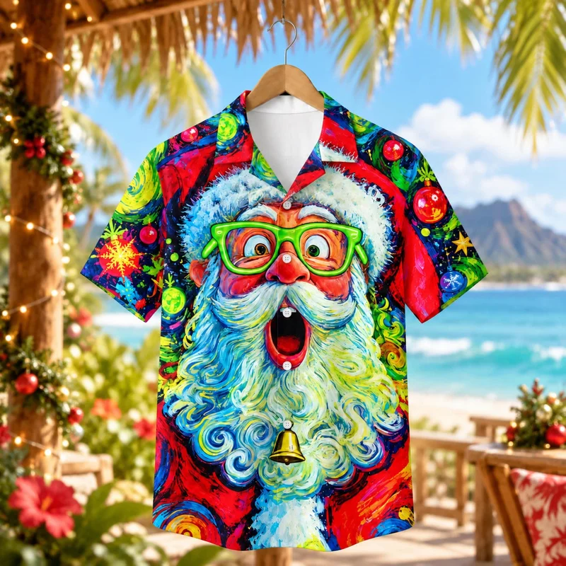 Blouses Christmas Light Bulb Print Shirts Mens Black Hawaiian Shirt with Colorful Festive Strings Short Sleeve Holiday Button Up