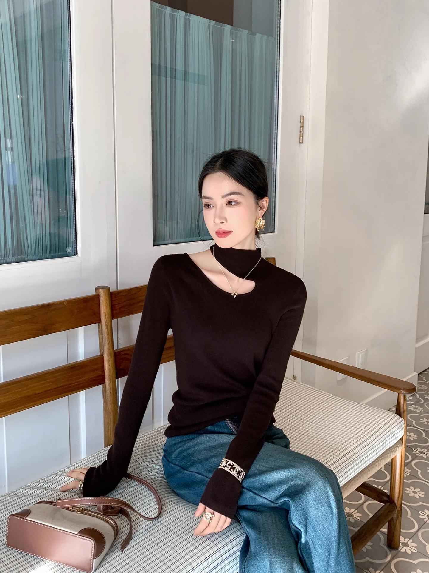 

Binguo Women's Knitted Wool Blend f High Collar Slim Fit Base irt Early Spring Design Sense Commute Sle Long Sve