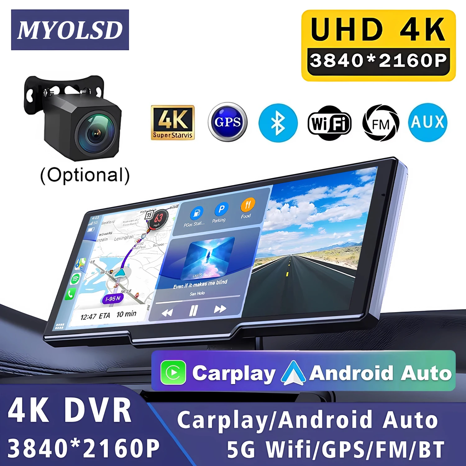 Dash Cam 4K 3840*2160P Car Dvr Carplay Android Auto GPS 5G WIFI Stream RearView Mirror Dashcam Camera Drive Recorder FM BT