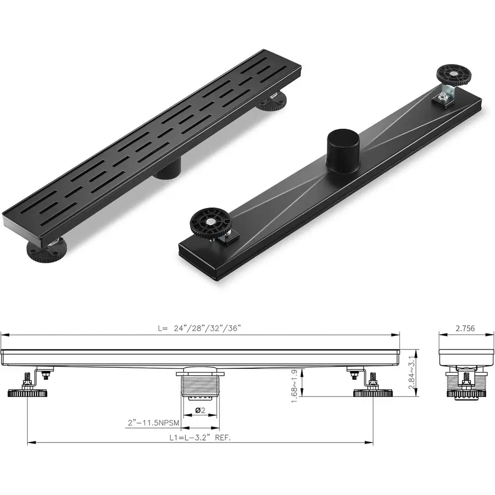 Ralo de Chuveiro Preto Fosco de 32 Polegadas com Grelha Removível, Ralo Embutido de Aço Inoxidável, Inclui Cesto Coletor de Cabelos