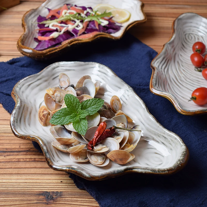 Imagem -04 - Simples Louça de Cerâmica Irregular Placa Shell Japonesa Prato de Jantar em Forma Especial Creative Prato de Salada de Frutas Prato Doméstico