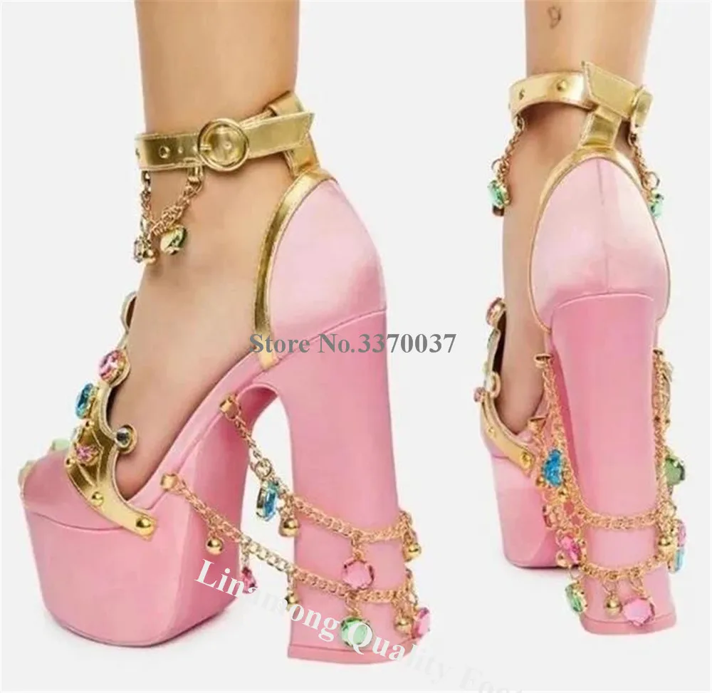 Linamong Colorful Diamonds Metal Chains Decorated Thick Heel Sandals Pink Satin crowns Rhinestones High Platform Pumps Big Size