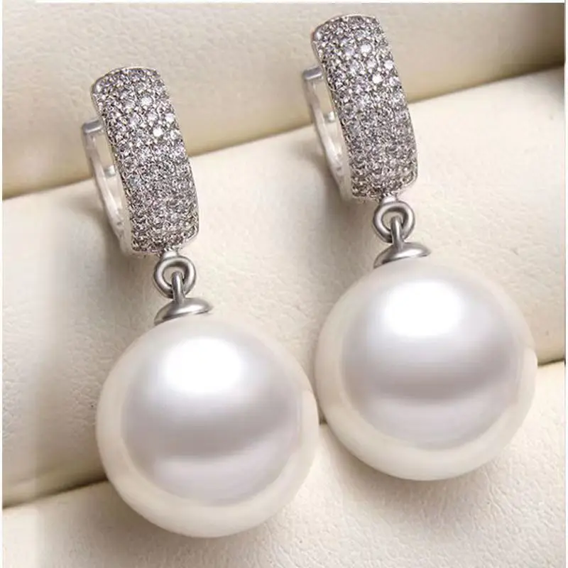 Suberb Pair 11-13mm White Perfect Round Pearl Dangle Earrings Women Simple Wedding Party Jewelry Accessories Stud Hook 88AAA