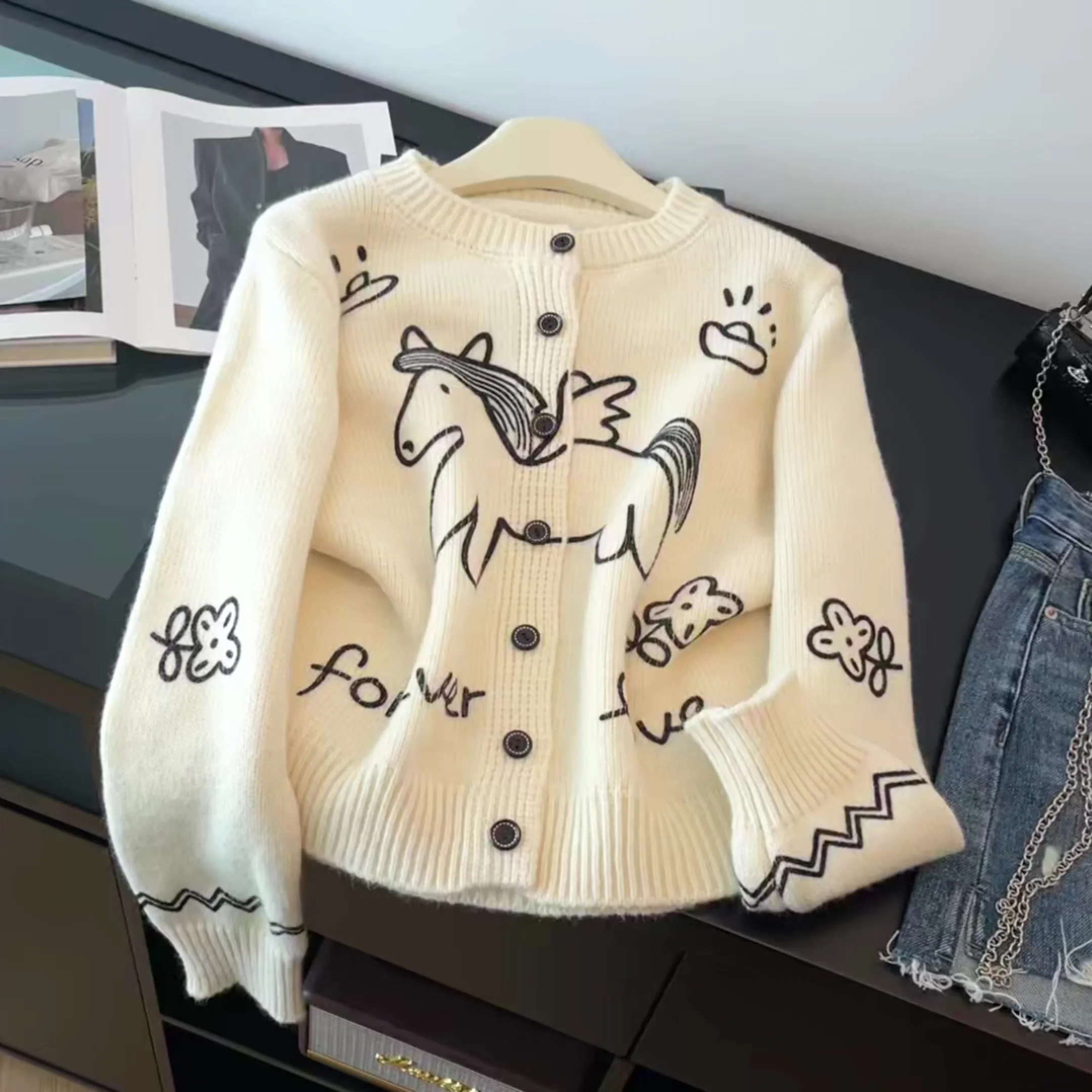 

Women Apricot Cardigan Cozy Sweater Vintage Jumper Knit Long Sleeves Cartoon Print Sweater For Women Spring Autumn 2000s Clothes