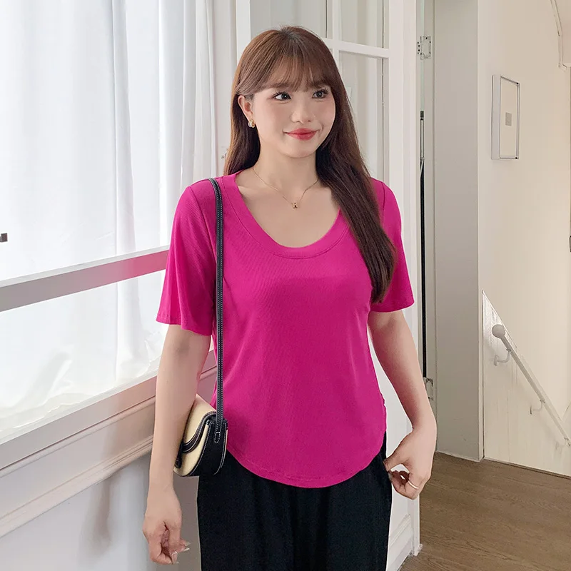 Plus size,eIce Silk Short T-shirt Summer 200kg Fat mm Shoulder Fashion Slim Covering Belly Knitted Shirt 3391