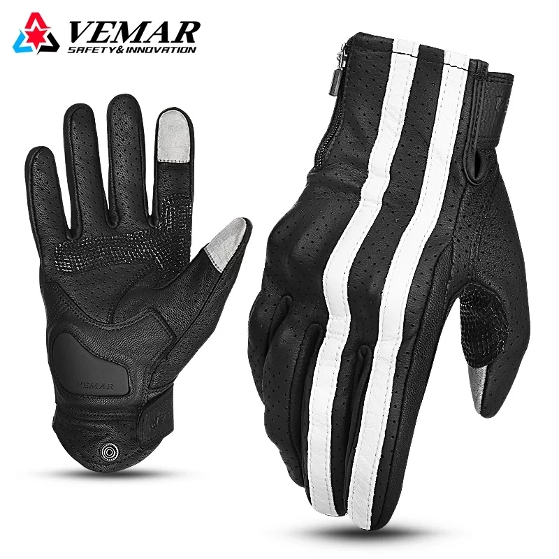 Vemar Retro Perforated Real Leather Motorcycle Gloves Sheepskin Moto Protective Gloves Black Brown Motocross Gloves Summer