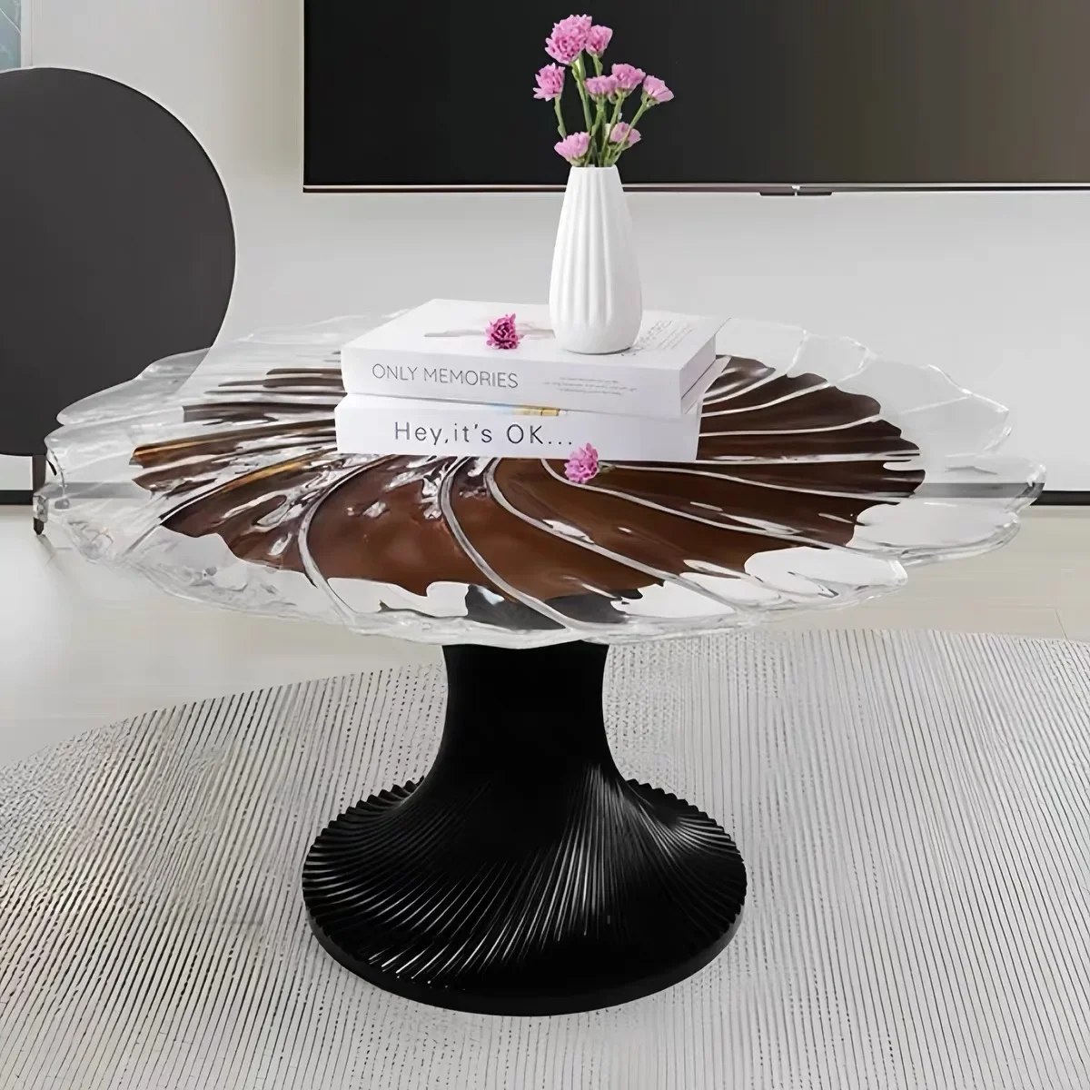 Special-shaped transparent resin crystal water ripple round table fiberglass base petal round table hotel model room