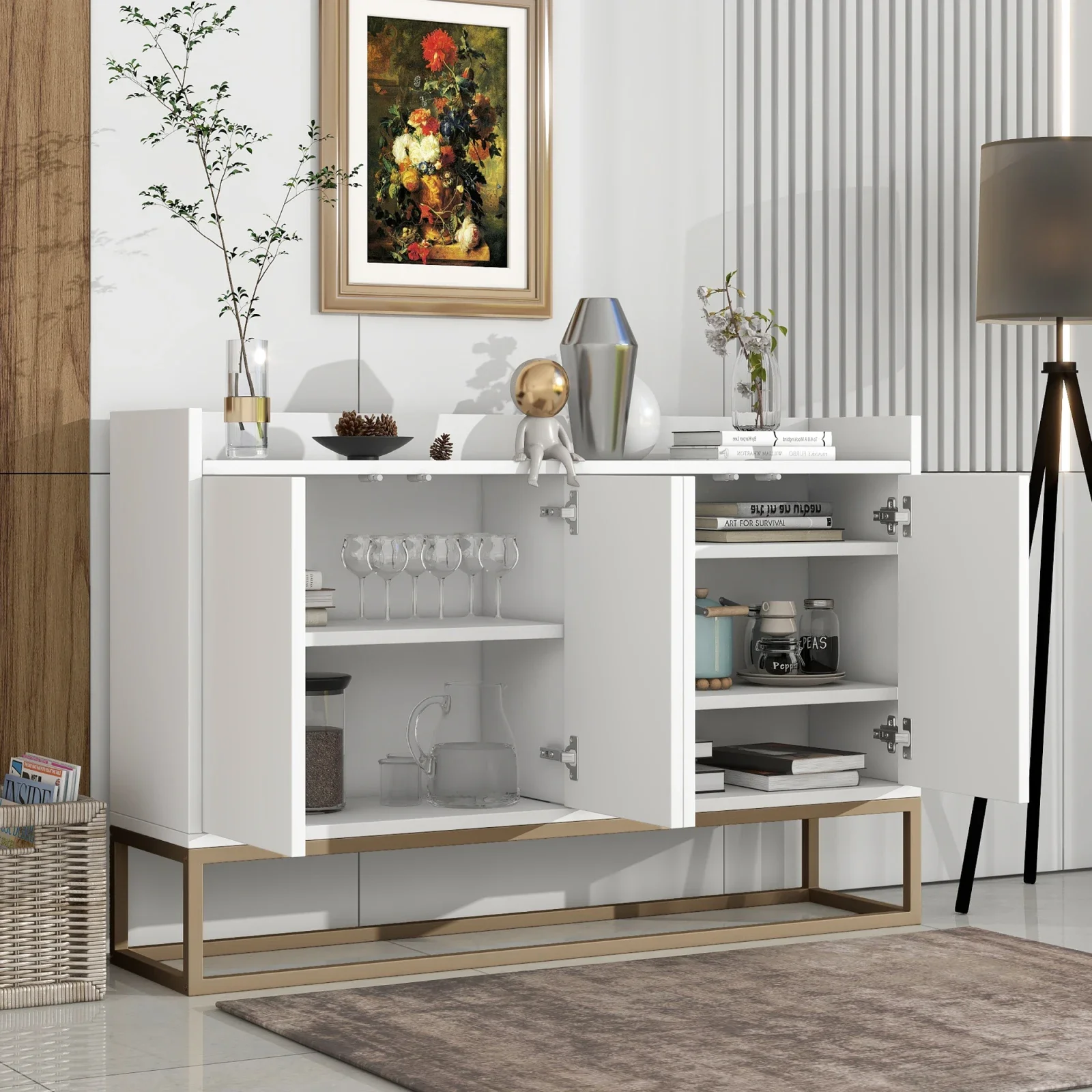 Rosahqnda Modernes dressoir in minimalistische stijl, 4-deurs greeploze buffetkast voor eetkamer, woonkamer, keuken