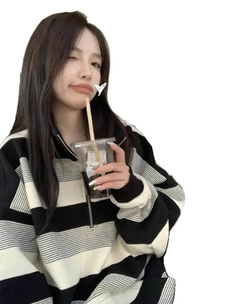 المرأة سويتر مقلم 2025 الخريف المرأة Preppy البلوز بياقة نصف البريدي فضفاض حجم كبير سترة طالب صغيرتي ودية