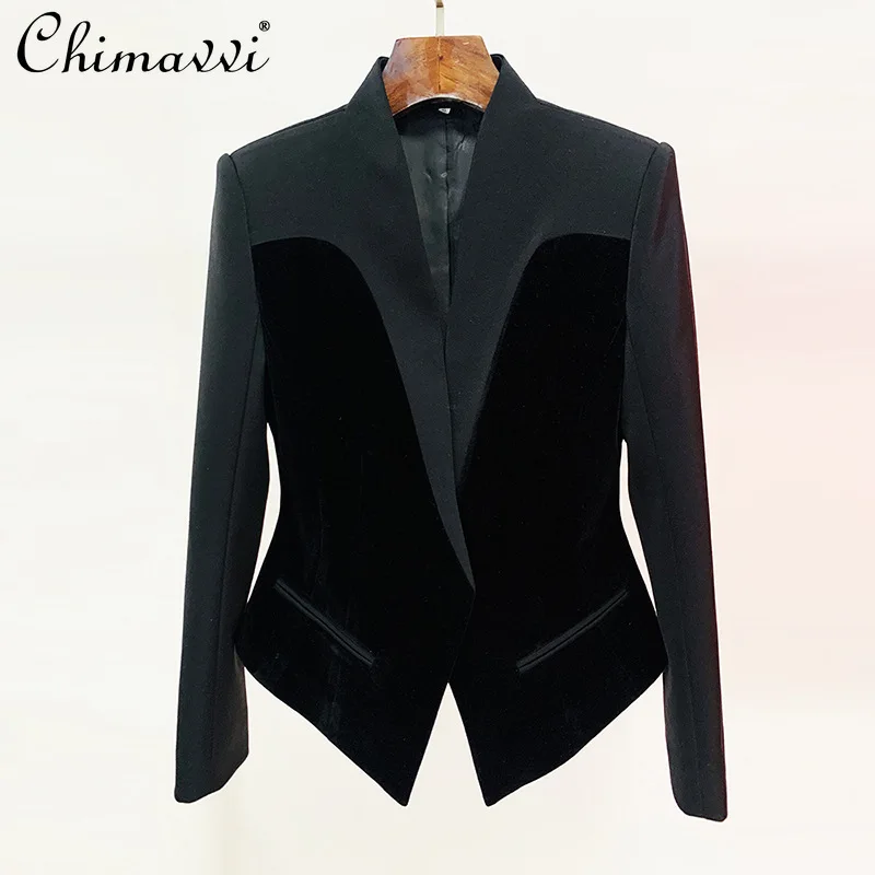 

Autumn Winter New Fashion Slim Structured Silhouette Velvet Patchwork Blazer High-end Long Sleeve Elegant OL Banquet Suit Coat