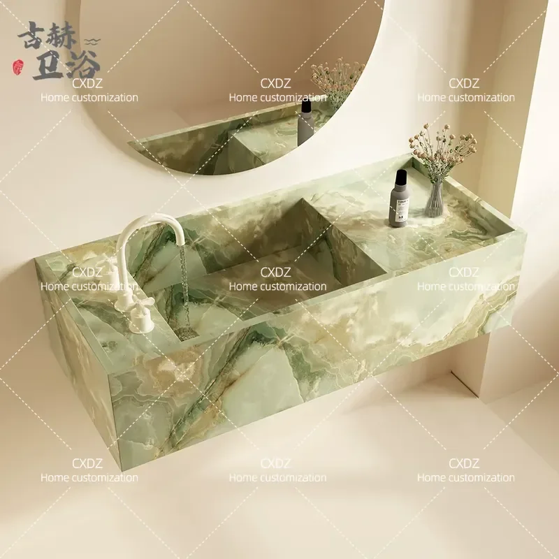 Medieval Retro Topaz Marble Luxury Stone Slab with Narrow Edges and Deep Sink for Hand and Face Washing Bathroom Cabinet