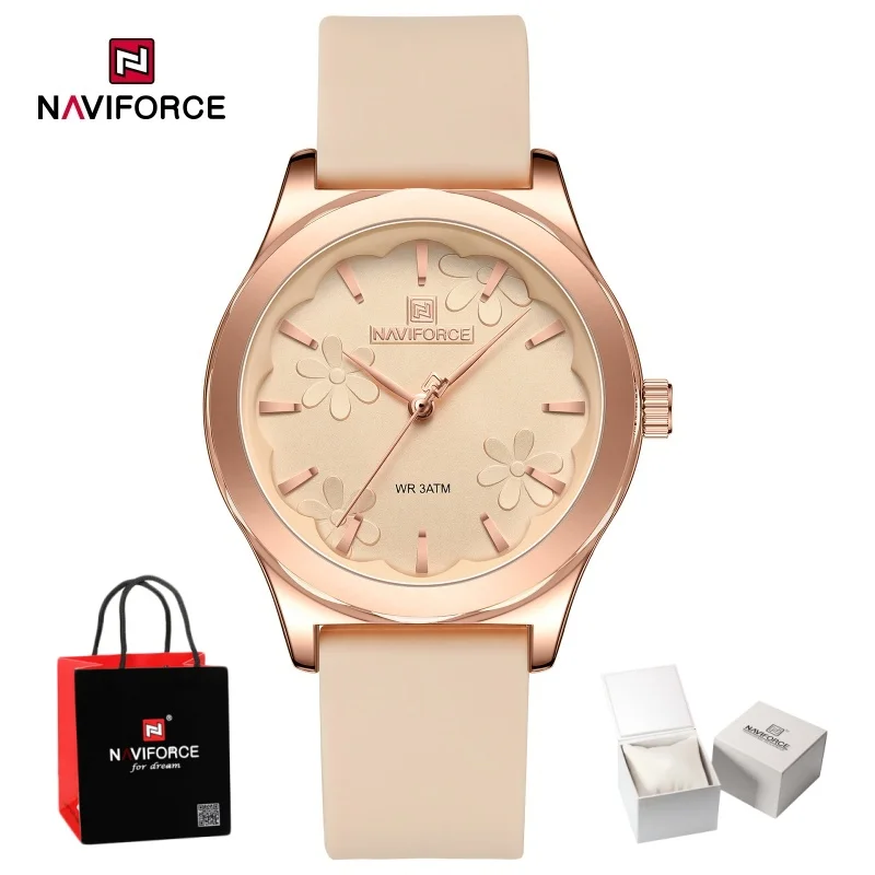 NAVIFORCE Women Simple Fashion Watches Quartz Waterproof Soft Silicone Strap Female Exquisite Unique Design Wristwatch Gifts Box