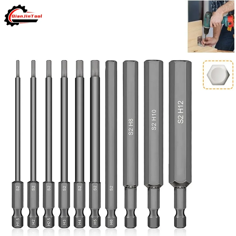 10Pcs 1.5-12mm 1/4 Inch Hex Head Allen Wrench Screwdriver Drill Bit Set Magnetic Tip 100mm S2 Steel Metric Hex Key Screwdriver