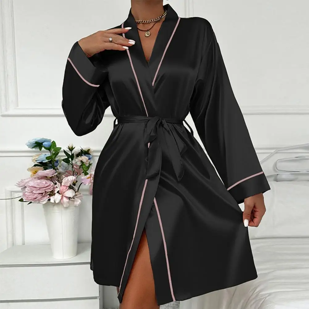 Silk-like Pajama Set Elegant Satin V Neck Nightgown with Adjustable Waist Tie for Women Imitation Silk Sleepwear for Parties