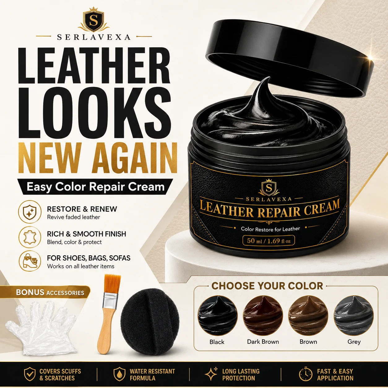 Leather Color Repair Cream 50ml Recoloring Balm for Shoes Sofas Bags Car Seats Scratch Scuff Care with Brush Sponge Gloves