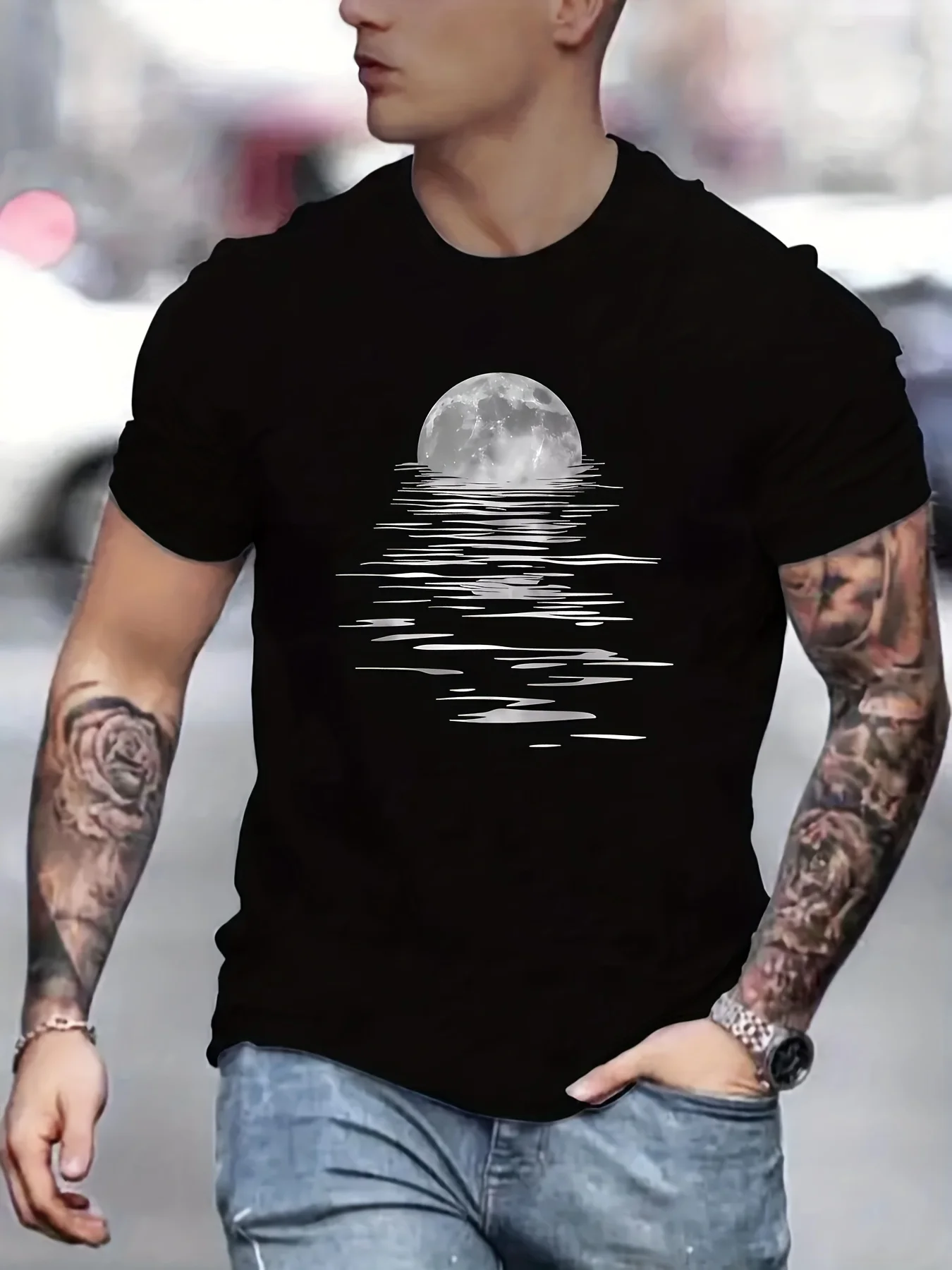 Summer Men's 100% Pure Cotton Moon Graphic Print Fashionable Casual Loose Sports Round Neck Short Sleeved T-Shirt Top