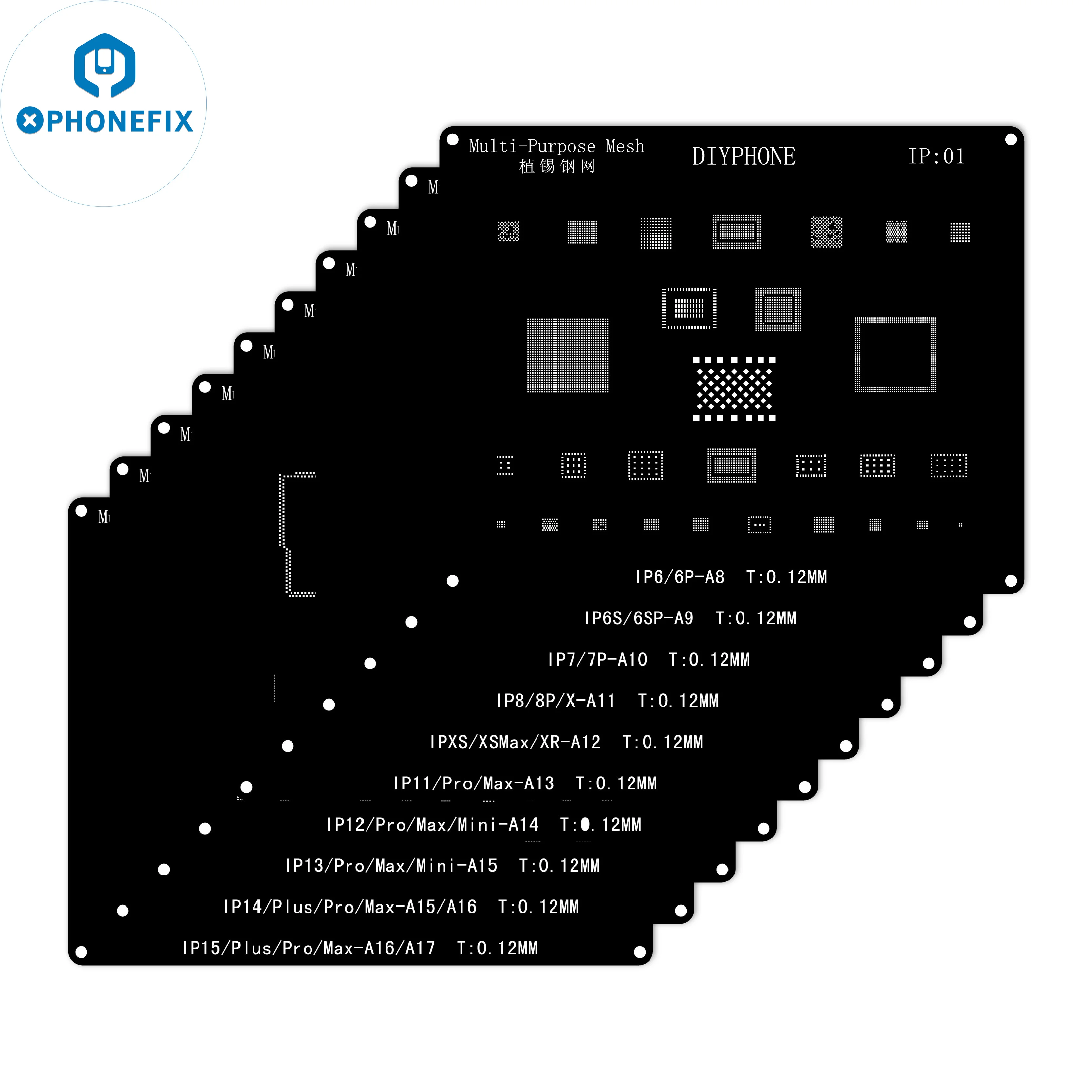 Diyphone สีดำ BGA reballing ลายฉลุสำหรับ iPhone 15 14 13 12 11 PRO MAX XS x 8 8P 7แผ่นเหล็กสุทธิ CPU