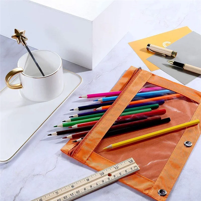 8 Pcs 3 Ring Zipper Pencil Pouch Colorful Fabric Pencil Case Sturdy and Binder Pouch with Clear Window