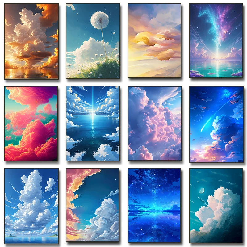 Romantic Fluffy Clouds Sky Posters Minimalist Fantasy Peaceful Sunny Prints Canvas Painting Wall Art Pictures Home Bedroom De