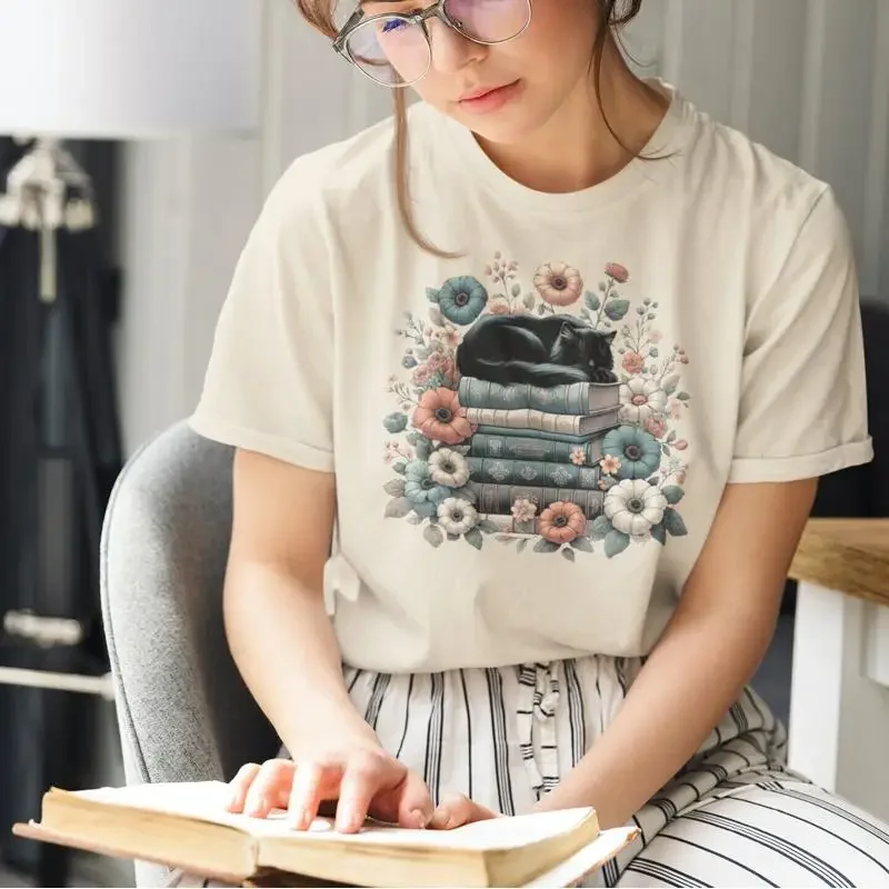 Cat and Books T Shirt Whimsical for Moms Book Lovers Literary Nerds Lover Reader Bookish Mom