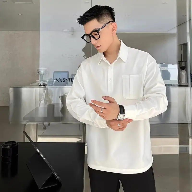 Men's Autumn Premium No-Iron Shirt Casual Versatile Loose Business POLO Shirt Hem Slit Long Sleeve Pullover
