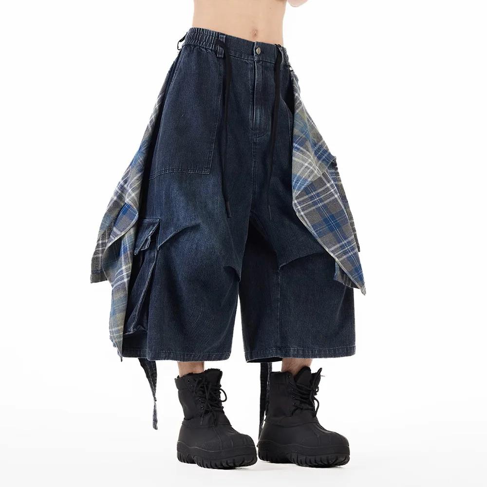 

Removable Plaid Summer Short Denim Pants Jeans Men Women Streetwear Fashion Brand Hip Hop Loose Casual Cargo Baggy Jeans Pants
