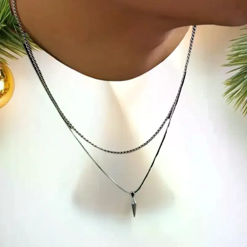 2Pcs/set Hip Hop Rivet Pendant Thin Snake Chain Necklace For Men Punk Silver/Gold Color Cuban Link Chain Party Jewelry