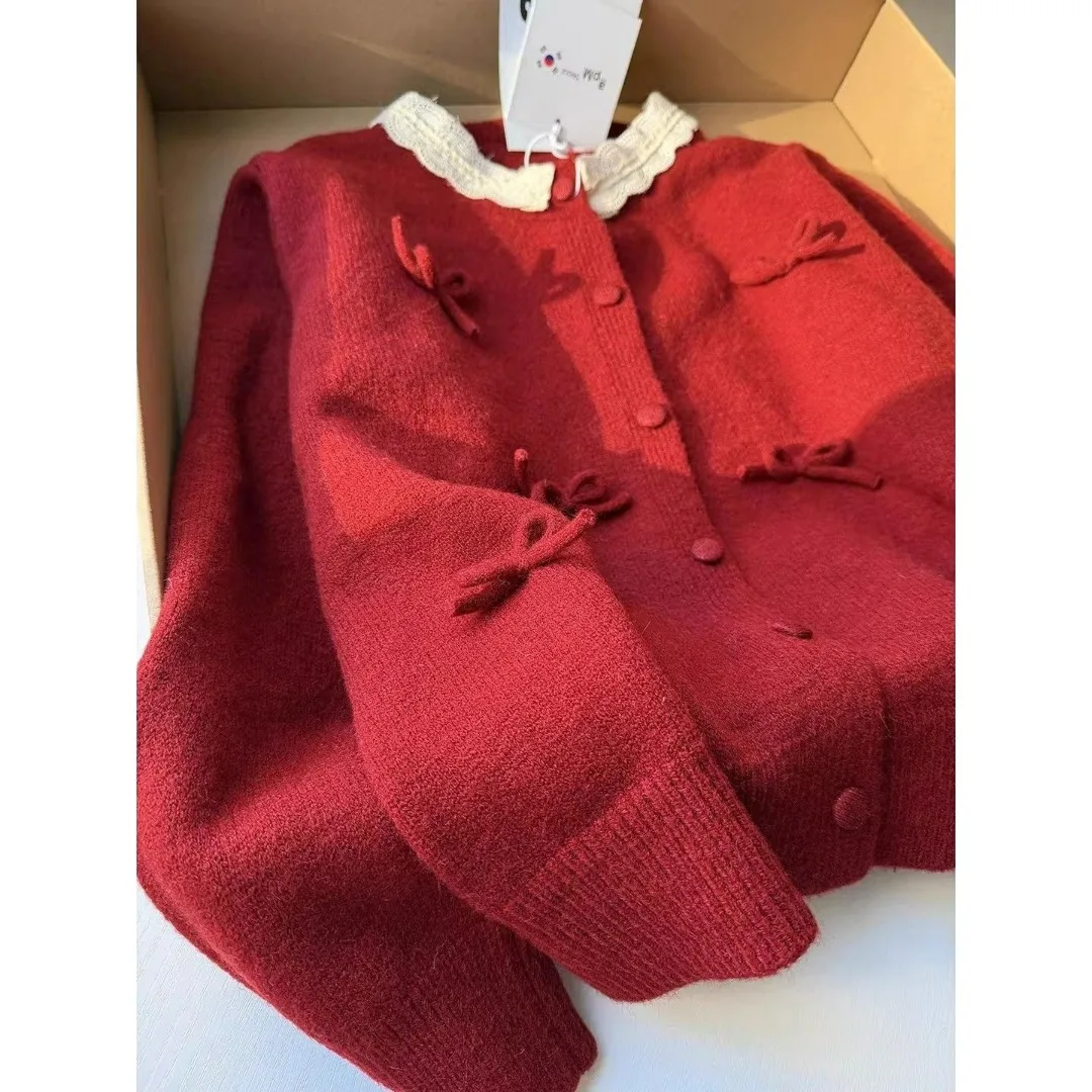 Retro Korean Red New Year Lace Knitted Sweater Coat Women's Spring Autumn Winter Long Sleeve Knitted Open Cardigan