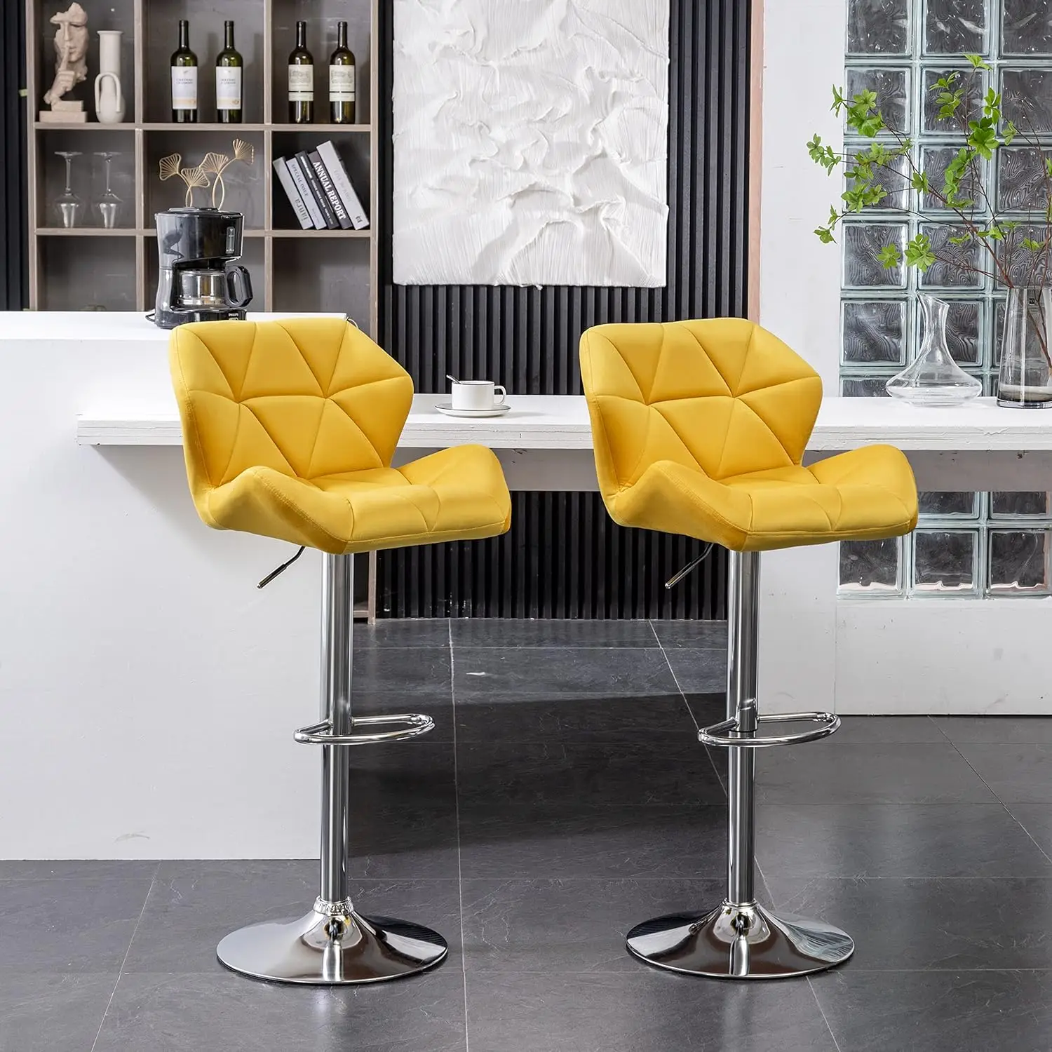 Velvet Diamond Tufted Swivel Adjustable Height Barstools, Set of 2, Yellow, Frame Material Metal, Item Weight 11.9 Pounds