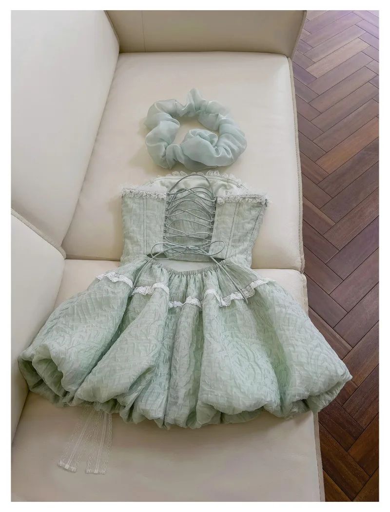 French Style Vestidos Mint Green Sweet Jacquard Bow Suspender Tube Top Neck Dress Off Shoulder Slim Fit Sexy Temperament Dresses