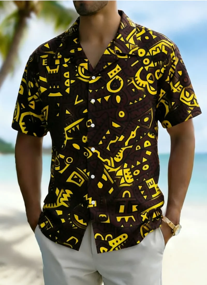 

Men's Unique Tribal Print Short Sleeve Lapel Shirt, Bold Exotic Style for Summer Parties, Beach Events, Vacation & Daily Looks