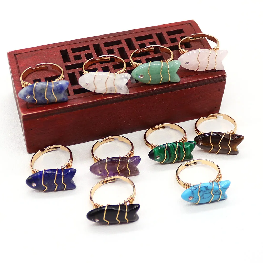1PC Creative Carved Fish Shape Natural Stone Lapis Lazuli Amethyst Bundled Embedding Opening Adjustable Rings For Party Gift