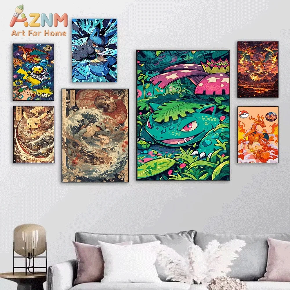 Anime Pokemon Charmander Retro Fire Flame Canvas Wall Art, Popular Cartoon Character Frameless Canvas Painting for Kids Bedroo
