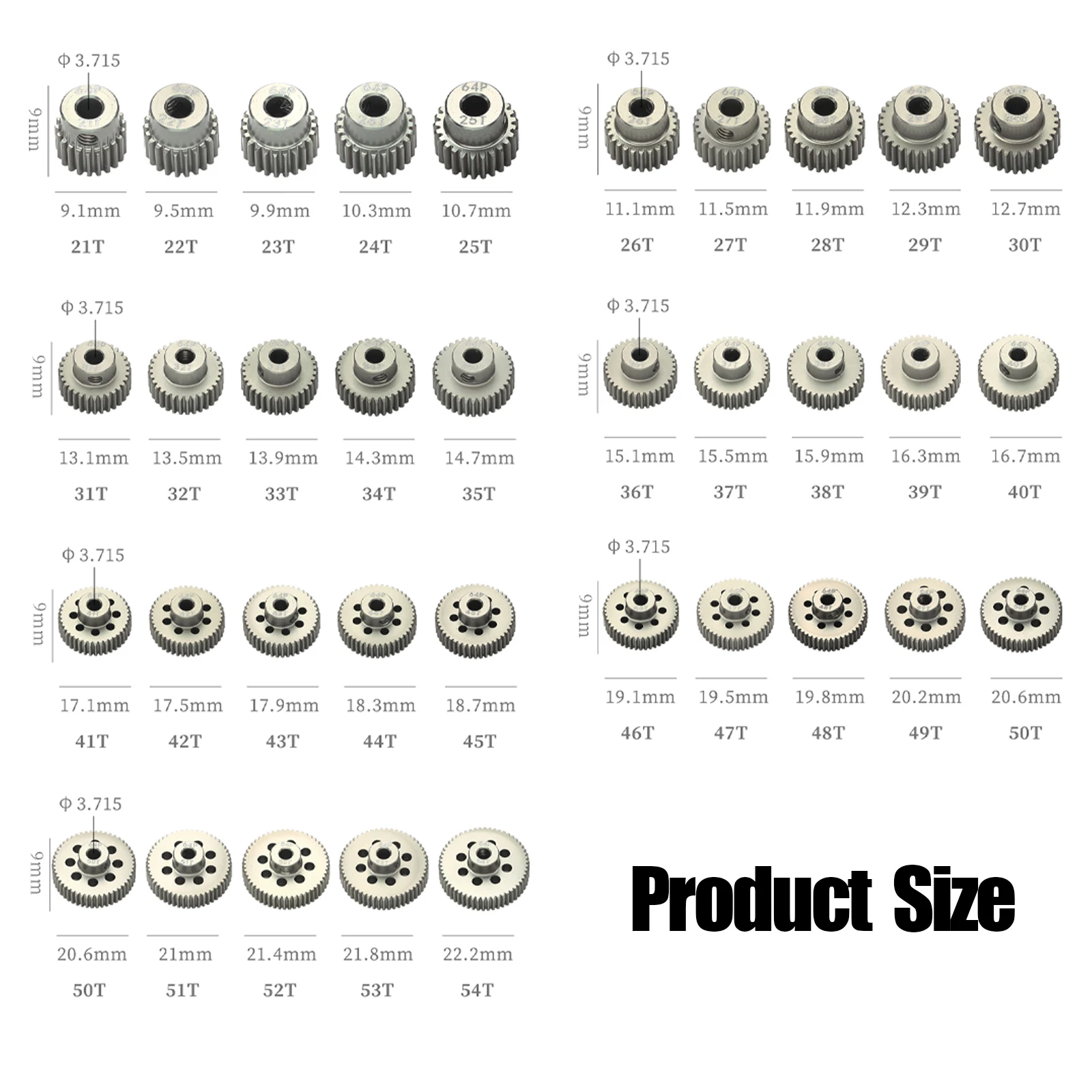 Zestaw zębatek RC 64P 3.175mm, aluminiowe hartowane zębatki silnikowe 21-54T do tuningu samochodów RC w skali 1/10