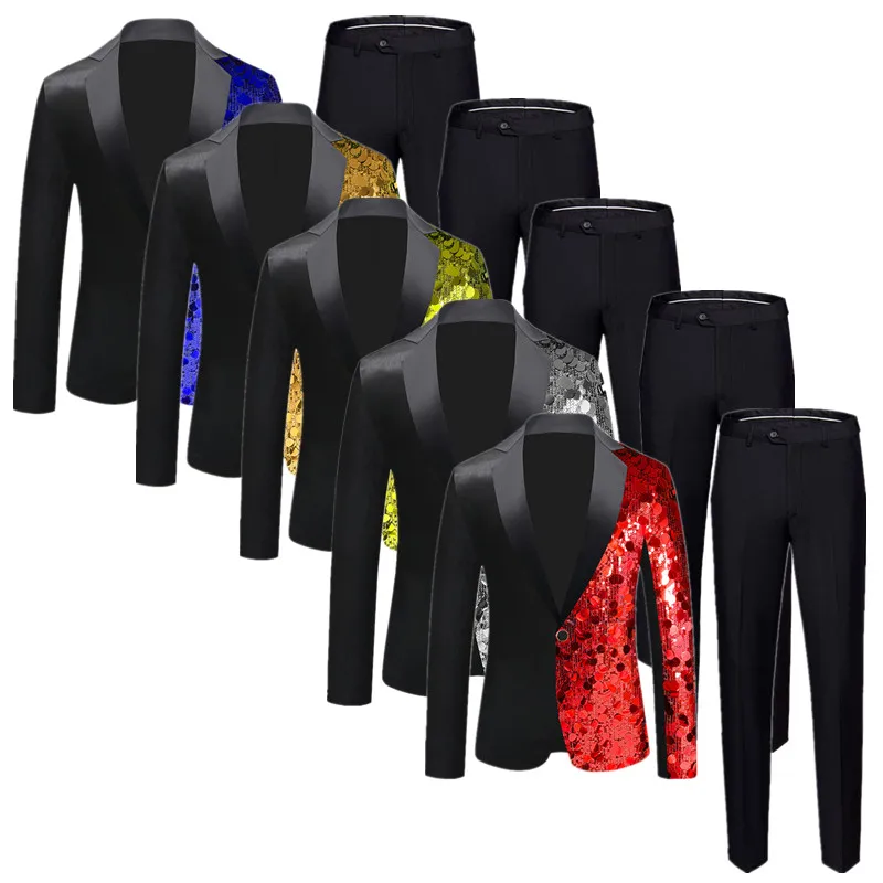 

(Jacket + Pant) Fashion Men Luxury Sequin Suit Black Red Silver Gold Trendy Singer Stage Performance Dress Blazers and Trousers