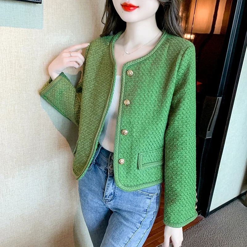 Women's Green Tweed Jacket Spring Autumn Season round Neck Top Small Fragrance Style Fashionable And Stylish