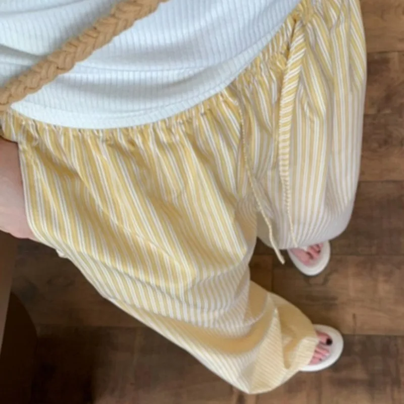 Trousers Women's Blue Wide Leg Pants with Vertical Stripes Autumn Straight Loose Casual Mopping Pants