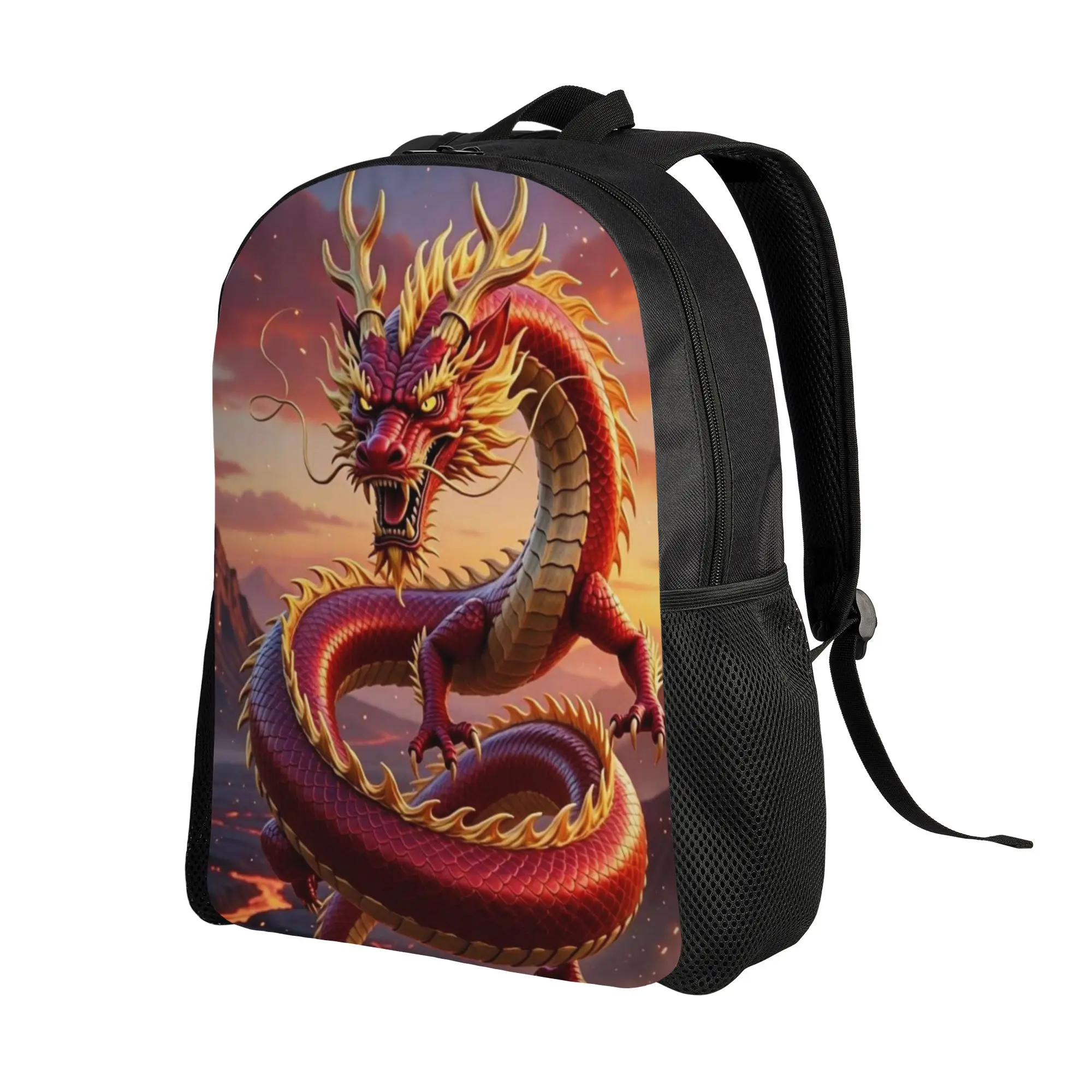 Knapsack Back to school season Red Chinese Dragon Sunset Art  Classic Backpack
