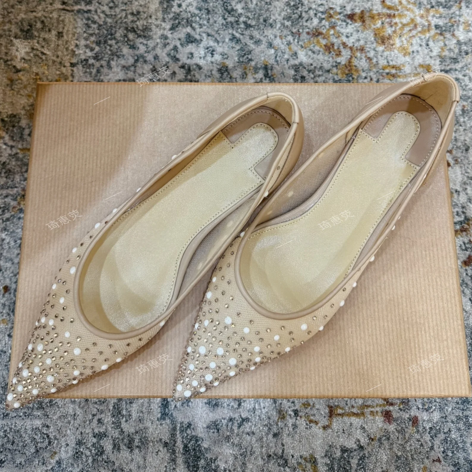 Genuine Leather 2026 Early Summer New Stunning Mesh Rhinestone Pointed-Toe Pumps Flat Height-Increasing Sandals Sapato Feminino