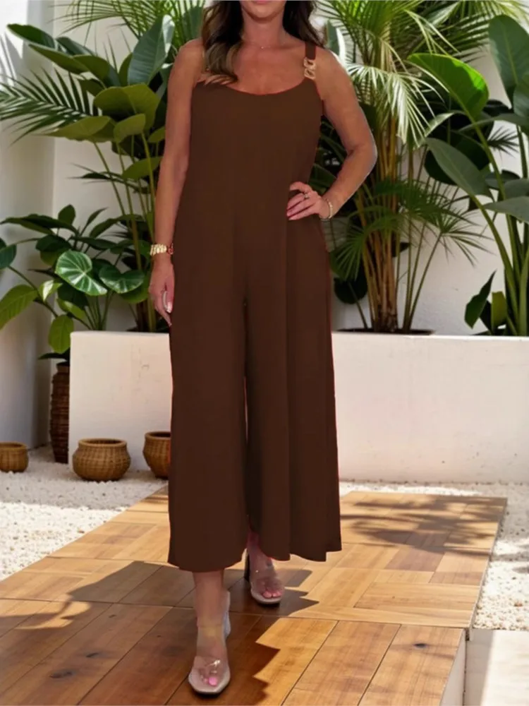 Mono informal cómodo de estilo urbano para mujer, mono sencillo para ir al trabajo, Color sólido, cadena dorada, pantalones con tirantes para el hombro, verano