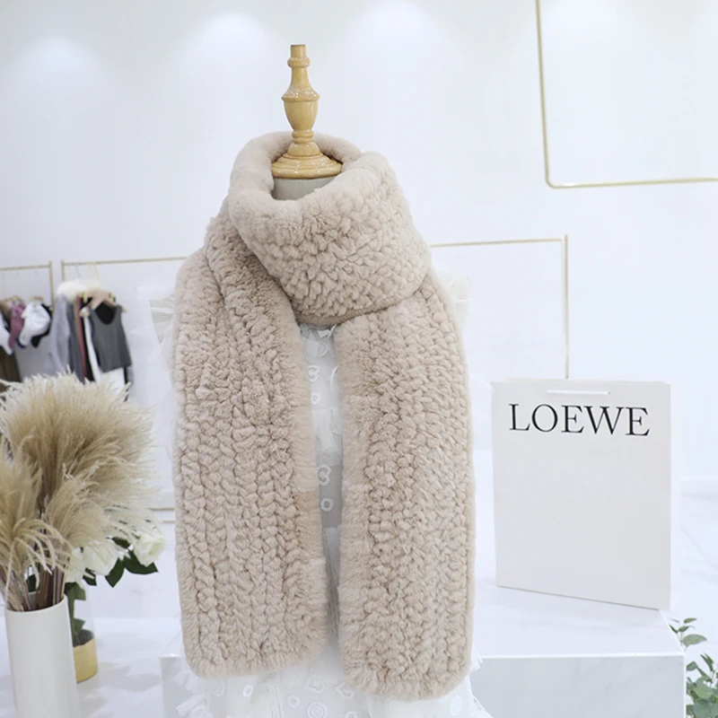 Brand New Real Rex Rabbit Fur Knitted Women\'s Winter Warm Scarf Scarves Wraps Russia Neck Warmer Fashion Luxury Mufflers 170cm