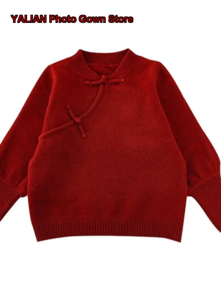 Boys Girls Chinese Style Slant Lapel Button Cute Knit Cardigan for Winter New Year Photography Kids