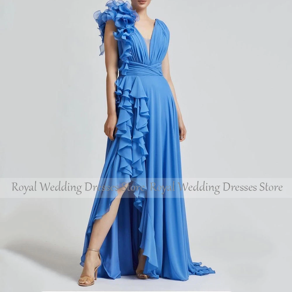 Elegant Women\'s Evening Dress Royal Blue Chiffon A Line Formal Party Gowns Long Ruffle Side Slit V Neck Wedding Guest Dresses