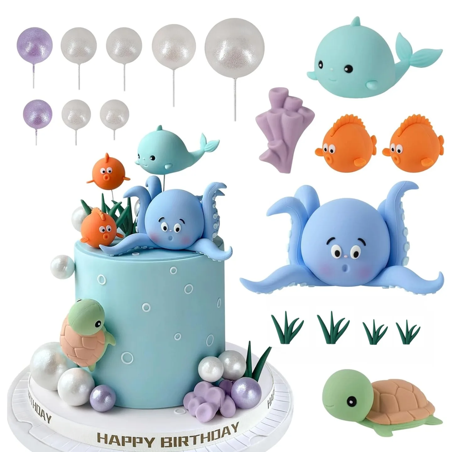 Décorations de gâteau sous la mer, 21 pièces, animaux de l'océan, garniture de gâteau avec boules de gâteau pour garçons et filles, fournitures de fête prénatale et d'anniversaire