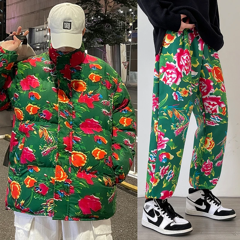 Winter Clothes For Men 2 Piece Set Puff Parka Long Pants Set Men Fashion Clothing Flower Printing Casual Outfits Chinese Style