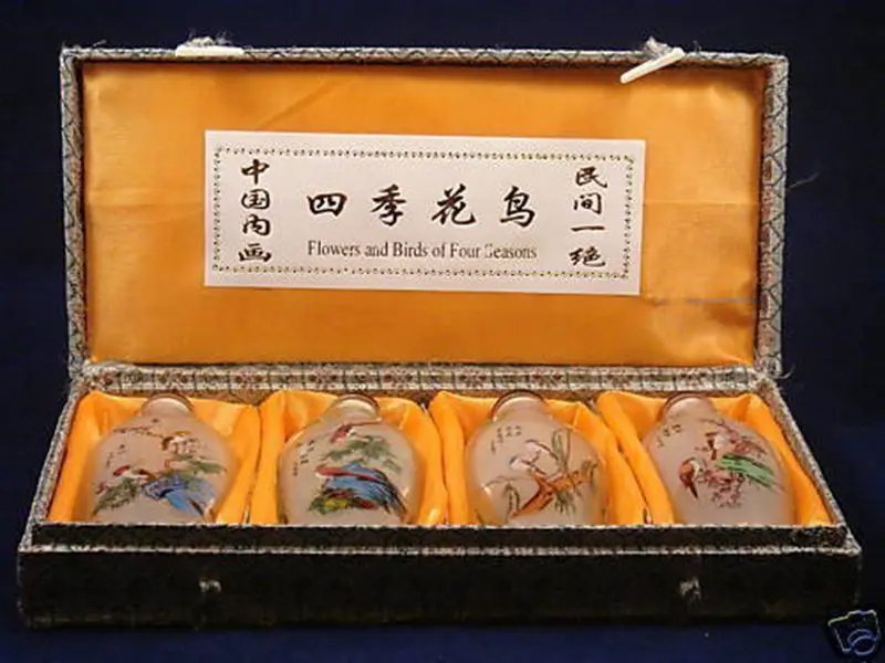 SET OF 4 CHINESE INSIDE REVERSE HAND PAINTED BIRDS & FLOWERS SNUFF BOTTLES