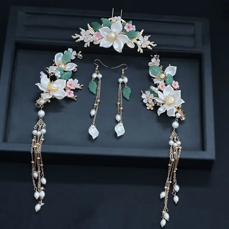 Weibliche Chinesische Stil Hanfu Haar Zubehör für Frauen Mädchen Neue Kopfbedeckungen Quasten Perlen Blumen Haar Clip Kopfschmuck 5 Teile/satz – Detail 7