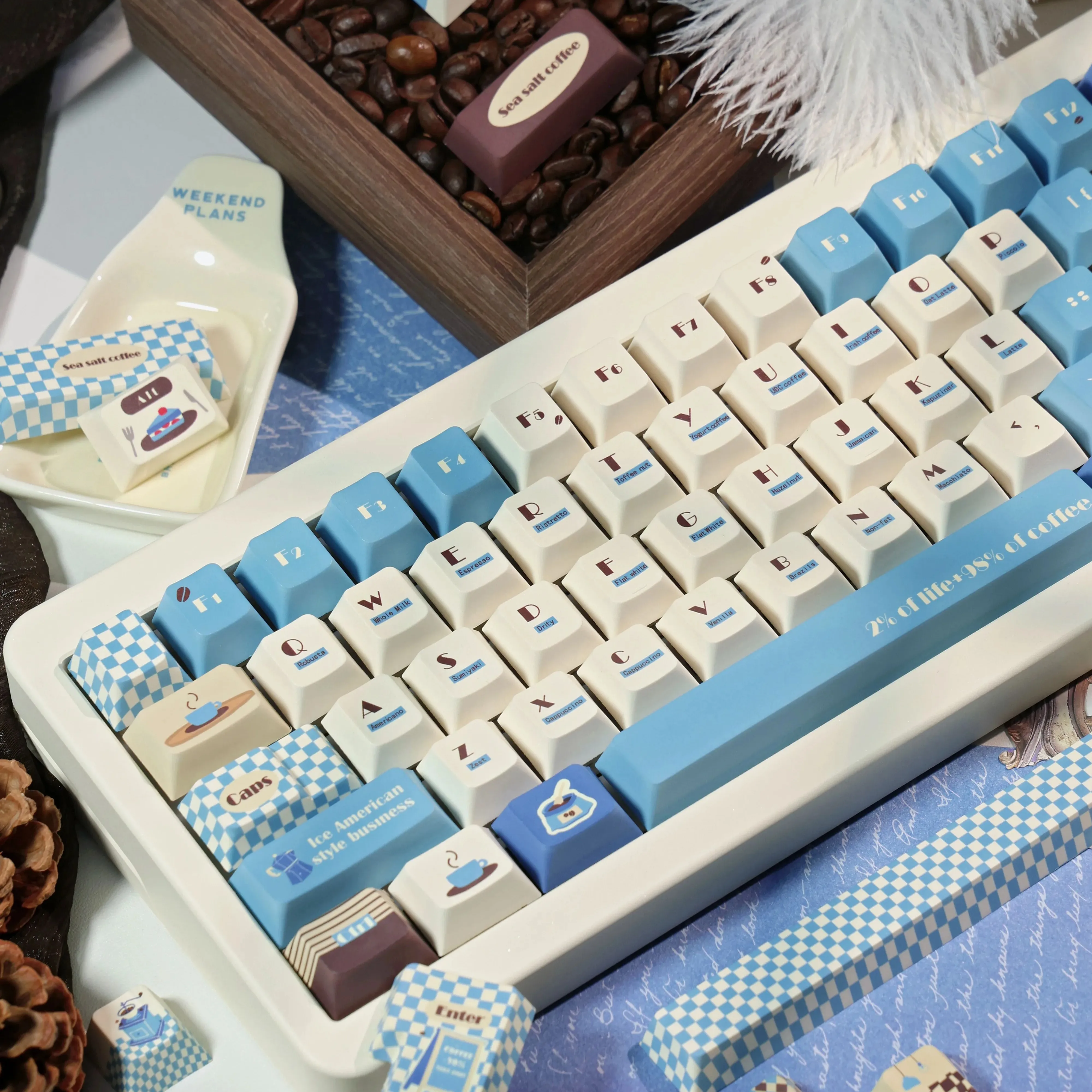 

Unique Original Blue Island Coffee Key Caps Set 140 Keys Cherry Profile 5-Sided Dye Sublimation Artisan for Mechanical Keyboards